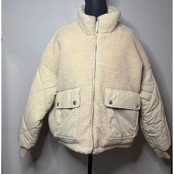 American‎ Eagle Reversible Sherpa Quilted Bomber Jacket Cream Womens L 0103-1577 - Picture 4 of 10